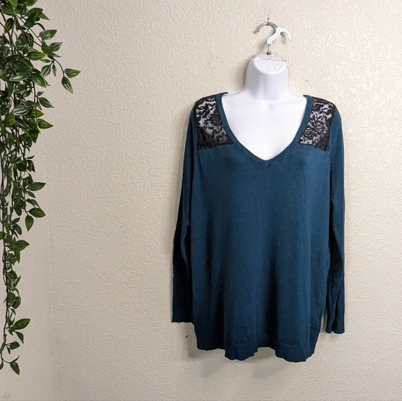 Torrid Dark Teal Black Lace Inset Sweater V-Neck Pullover Long Sleeve Fitted 2X - Picture 2 of 11